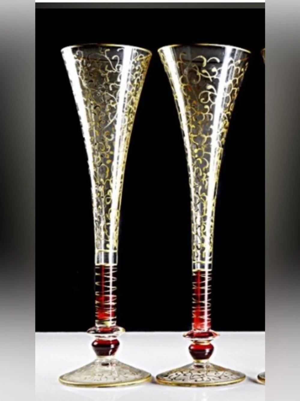 Pier One “Rioja” Gold Filigree w Red Stems Fluted Champagne Pair (2)